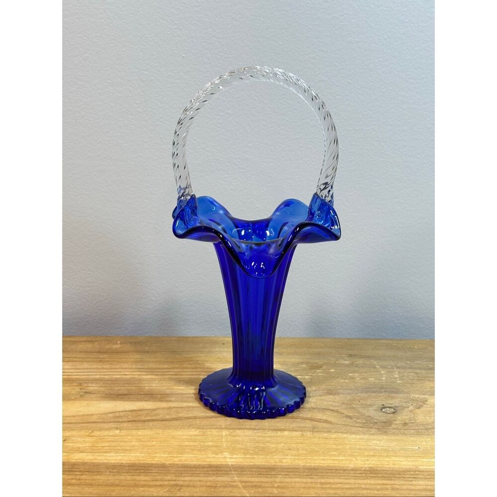 Vintage Fenton Cobalt Blue Art Glass Basket Vase